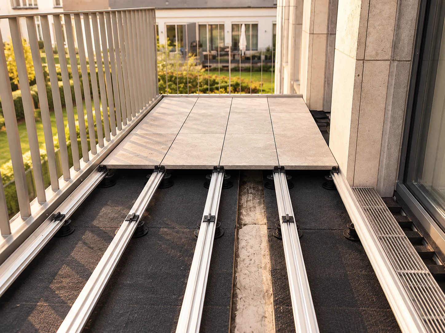 Balkon mit Aluminium-Unterkonstruktion auf höhenverstellbaren Auflagern und teilweise verlegten Platten